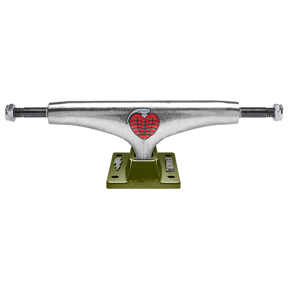 A THUNDER skateboard truck with a red heart on it, featuring Thunder Trucks.