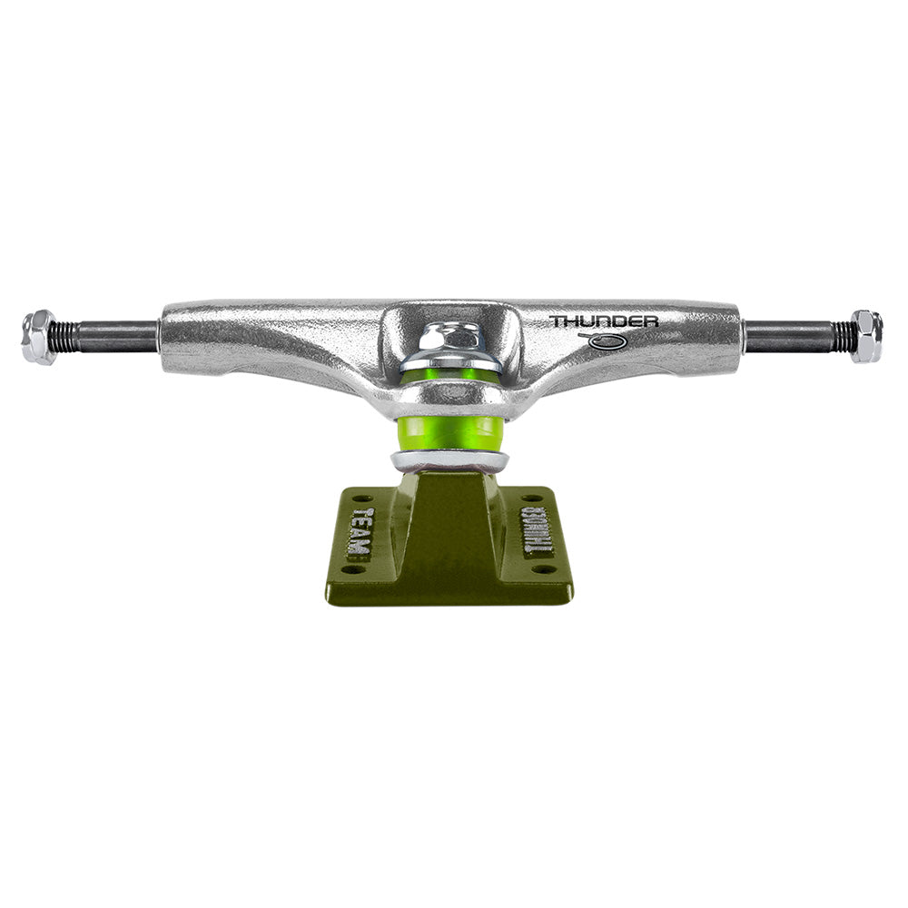 A silver and green THUNDER TRUCKS 148 HOLLOW OG GRENADE GREEN skateboard truck on a white background.