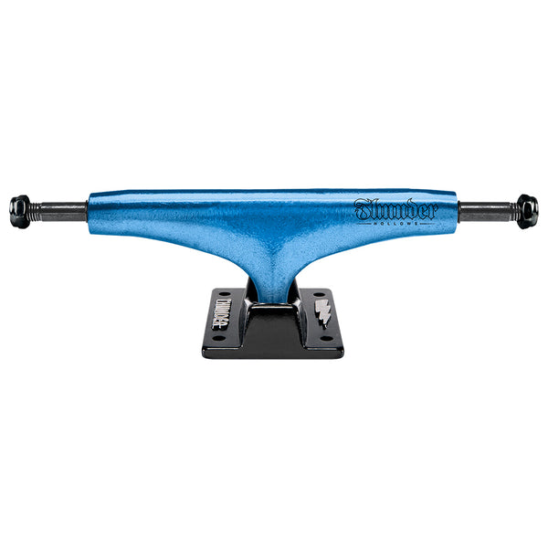 A THUNDER metallic blue skateboard truck on a white background.