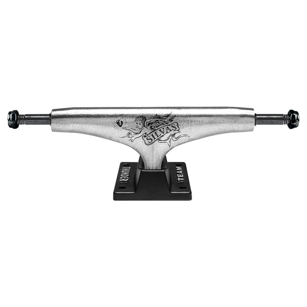 A THUNDER silver skateboard truck on a white background featuring THUNDER TRUCKS 149 HOLLOW MILES OMNI (SET OF TWO).