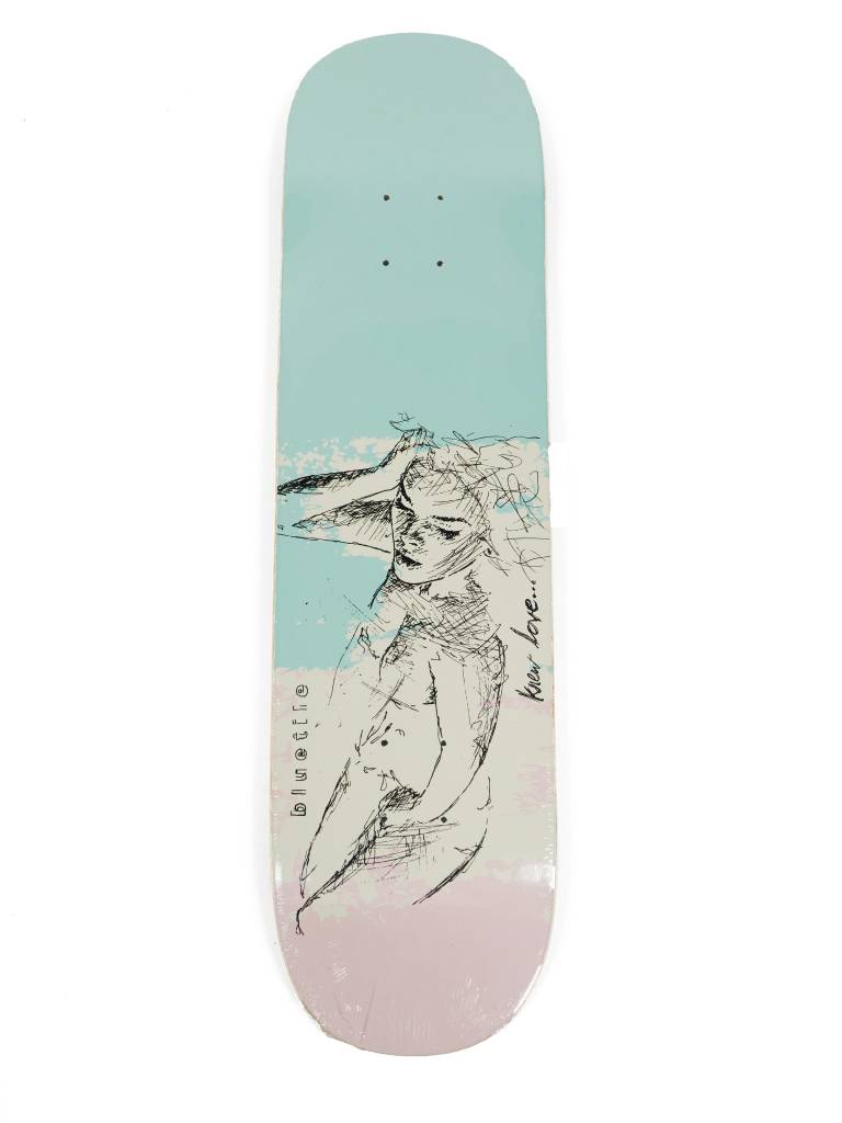 A BLUETILE X H. A. THOMAS "NEW LOVE" skateboard with a drawing of a woman on it, made by Bluetile Skateboards.