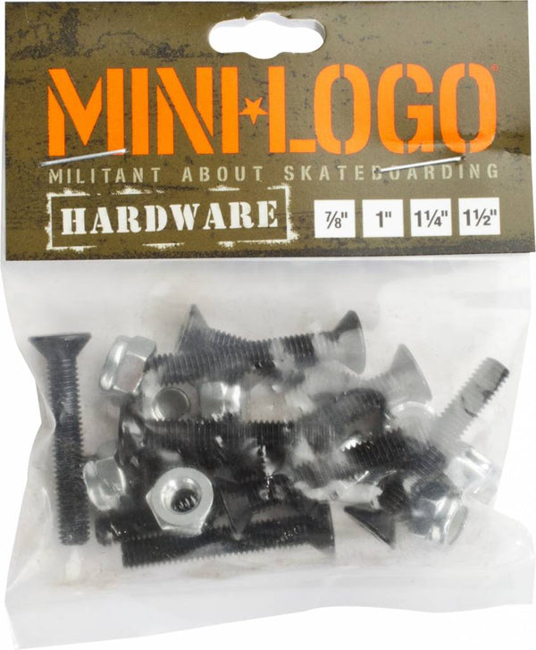 A package of MINI LOGO HARDWARE (by MINI LOGO) screws and nuts for a skateboard.