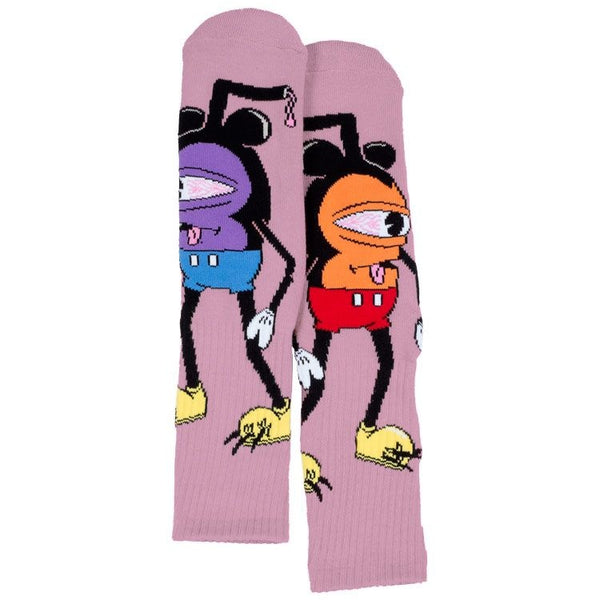 A pair of pink Toy Machine Mousketeer Sock with cartoon character designs on them.