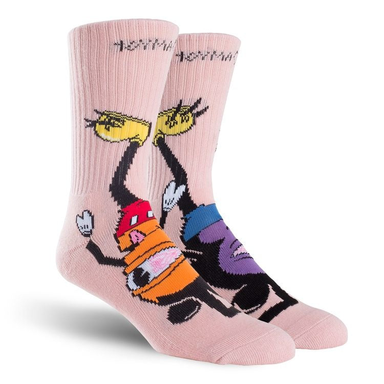 A pair of pink TOY MACHINE Mousketeer Socks with a playful design featuring animated characters hanging upside down.