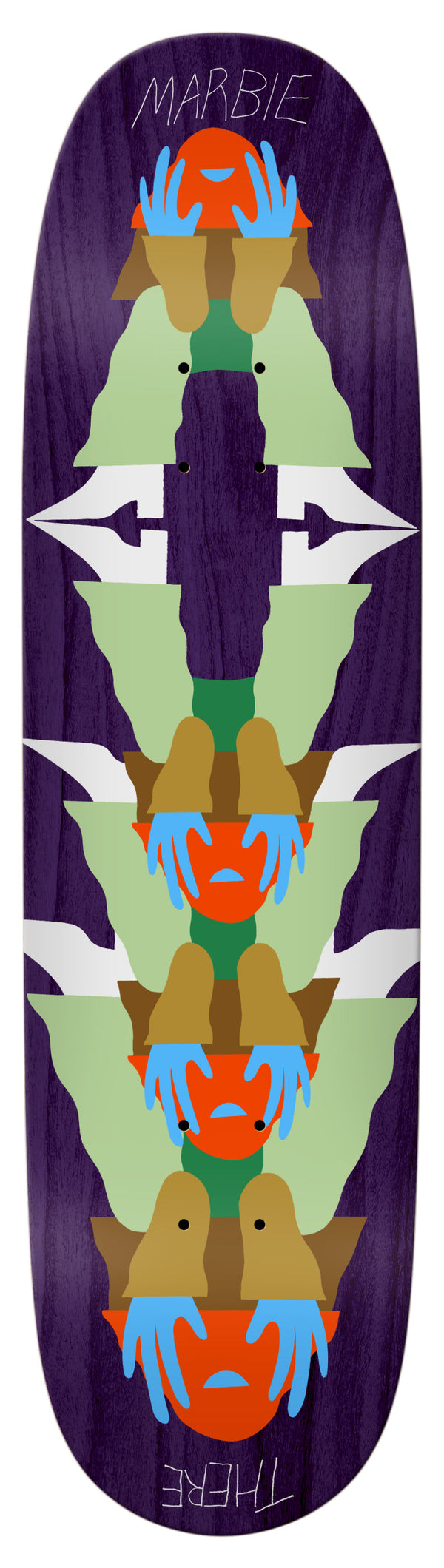 The THERE MARBIE REFLECT skateboard deck by THERE showcases a symmetrical graphic of abstract figures with orange bowls on a purple woodgrain background, with “MARBIE” and “THREE” at the ends.