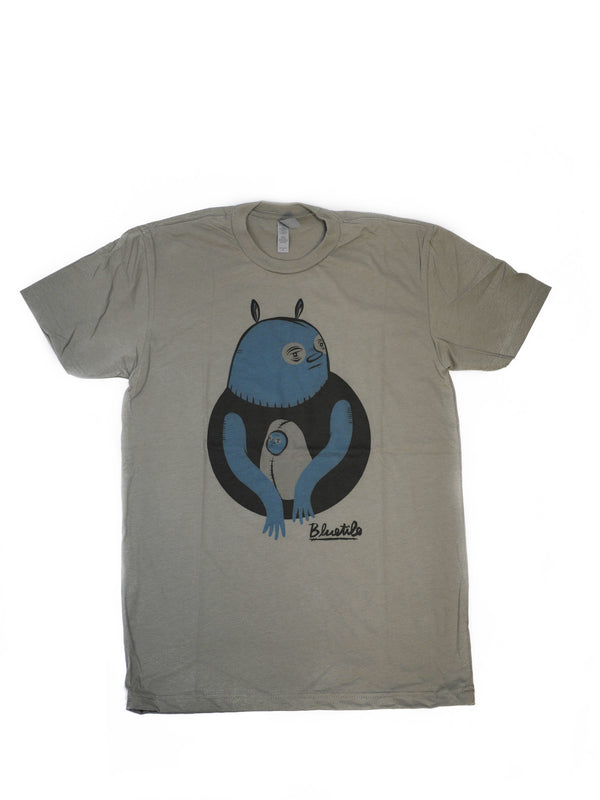 A BLUETILE BABY BLUE T-SHIRT WARM GREY with a blue and white owl on it. (Brand: Bluetile Skateboards)