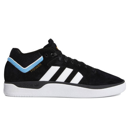 A black and white ADIDAS TYSHAWN shoe with a blue stripe.