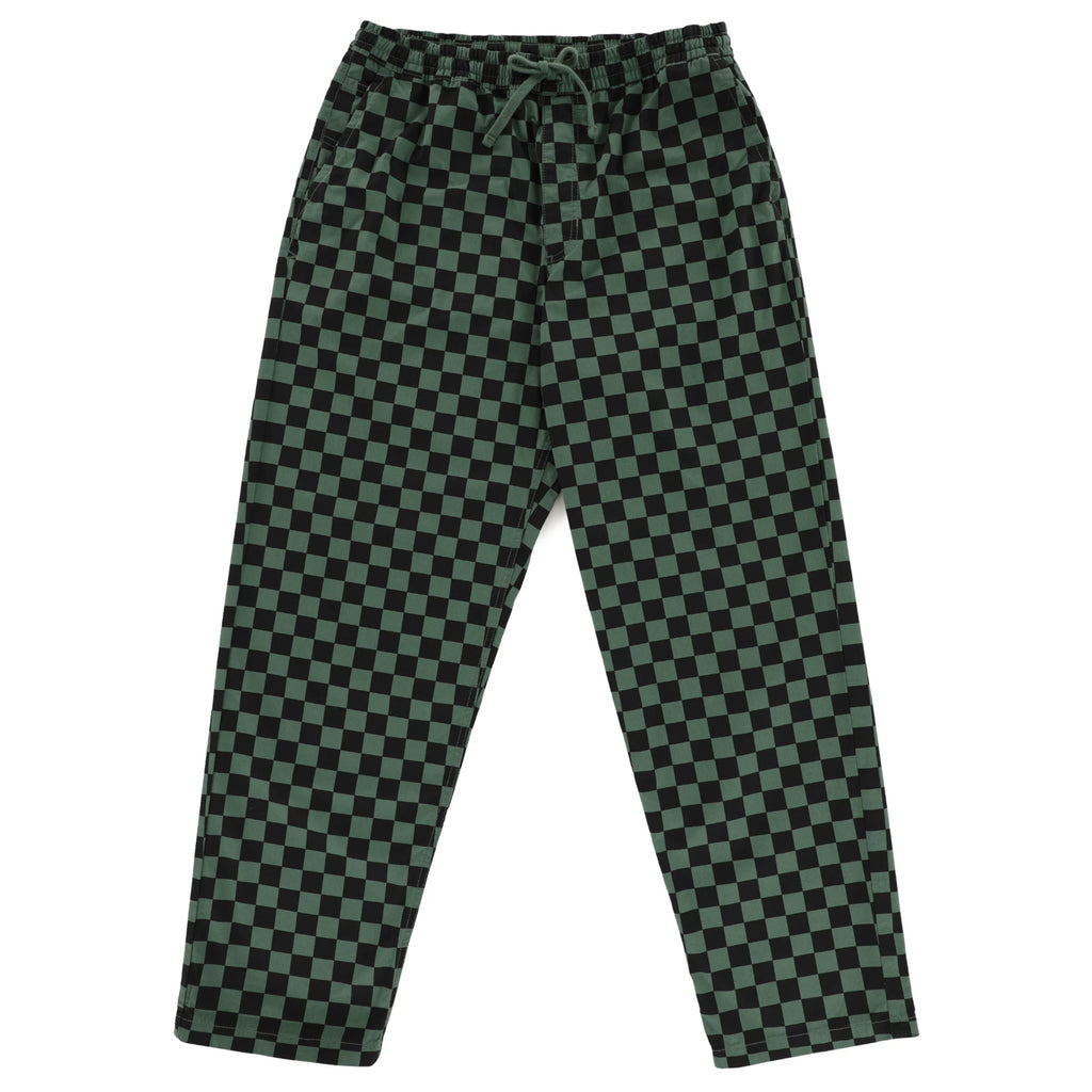A VANS RANGE BAGGY TAPERED ELASTIC WAIST PANT in DUCK GREEN/BLACK with a white background.