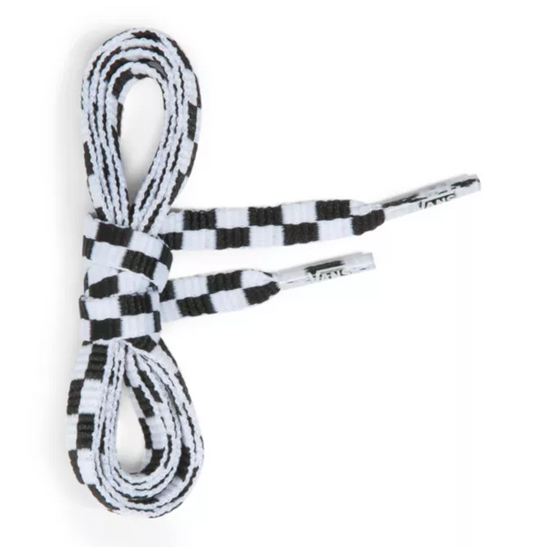 A pair of VANS 36" FLAT LACES BLK/WHT CHECKER, perfect for adding a touch of retro style to your Vans.
