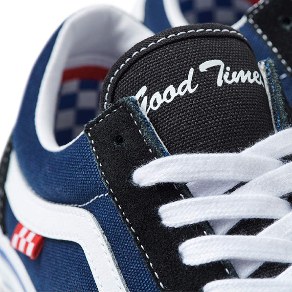 A pair of blue and white Vans Boys of Summer Skate Old Skool HSU / Baby Girl sneakers with the word good times on them.