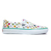 VANS SKATE X FROG SLIP ON WHITE classic slip-on skate shoes in white with multicolored checkerboard pattern.