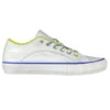 A white and blue VANS X QUARTERSNACKS LAMPIN PRO WHITE sneaker with yellow detailing.