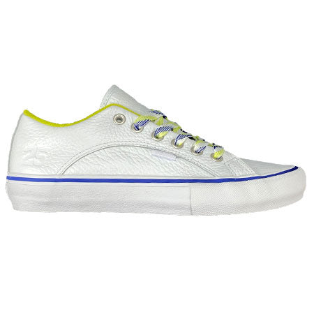 A white and blue VANS X QUARTERSNACKS LAMPIN PRO WHITE sneaker with yellow detailing.