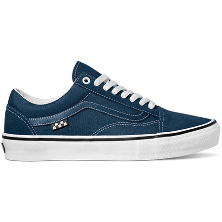 A navy blue shoe with a white sole and white laces