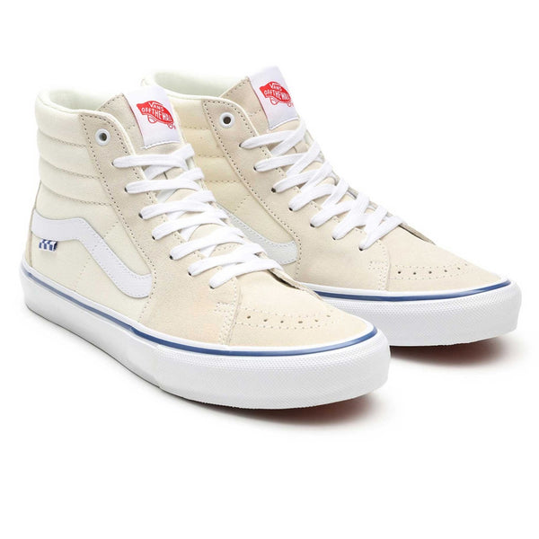 White and blue VANS SKATE SK8-HI OFF WHITE sneakers, perfect for skateboarding.