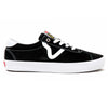 A Vans skate sport black and white shoe with a white sole by Vans.