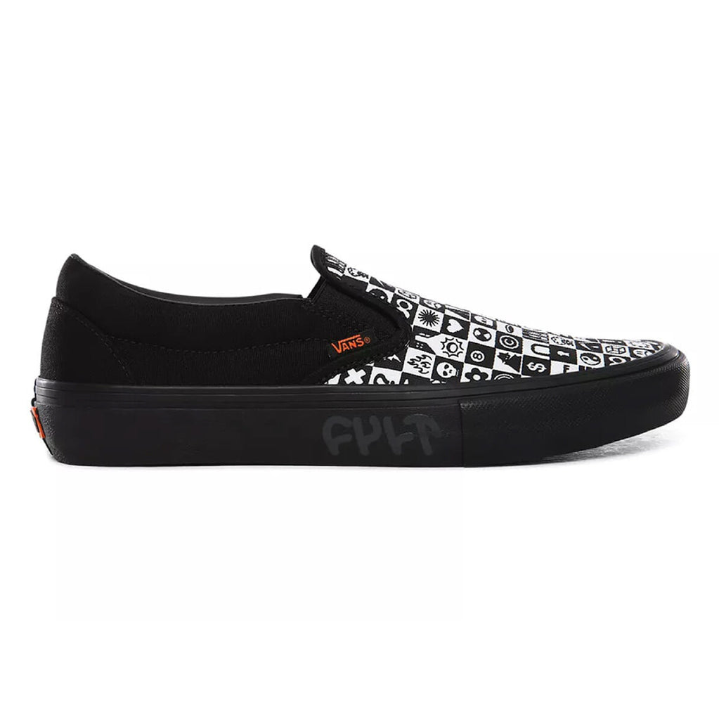 VANS X CULT SLIP ON PRO BLACK CHECKER shoes in black and white, perfect for fans of the Vans brand.