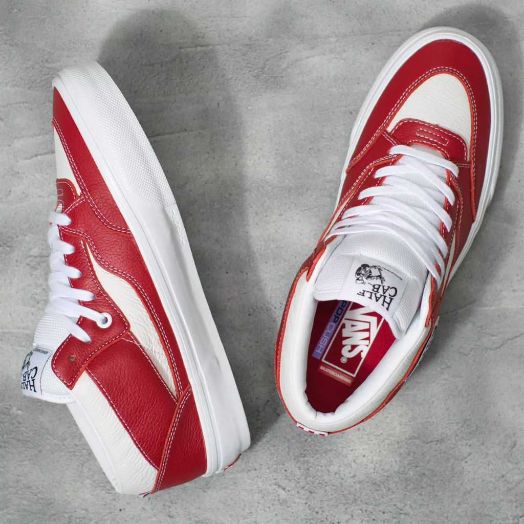 Red and white VANS LEATHER SKATE HALF CAB '92 with a hint of chili pepper flair.