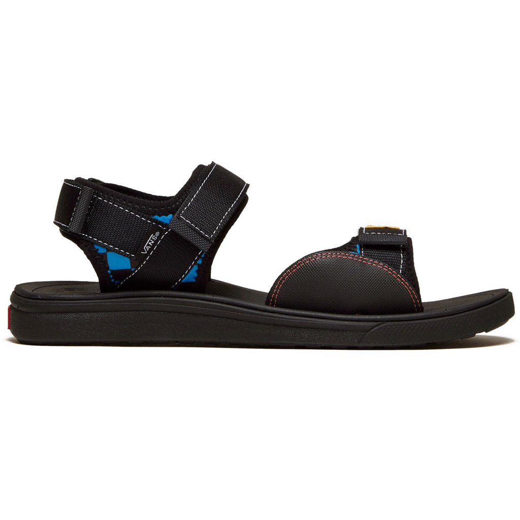 A VANS ULTRARANGE TRI-LOCK SANDAL with a blue and red design.