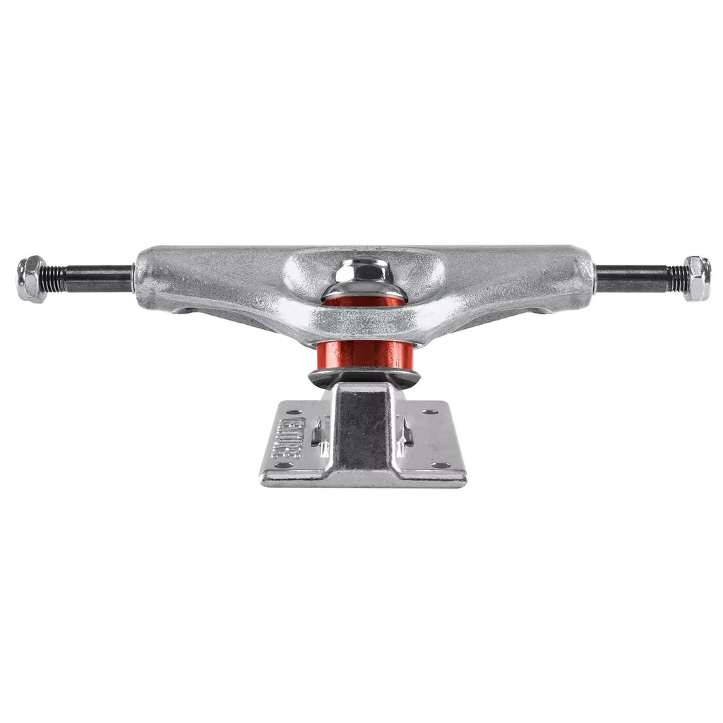 A silver VENTURE HOLLOW ALL POLISHED LOW 5.0 skateboard truck on a white background.