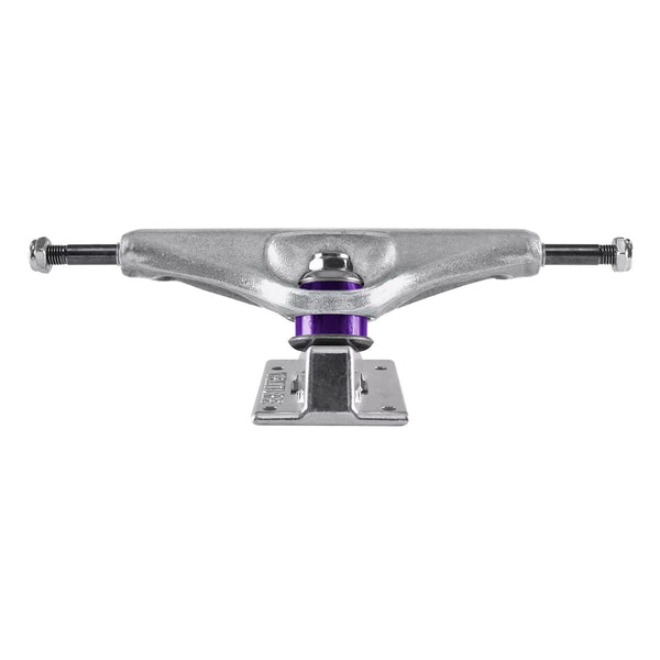 A set of two silver and purple skateboard trucks, specifically the VENTURE LIGHTS ALL POLISHED HI 6.1 (SET OF TWO) by VENTURE, showcased on a white background.