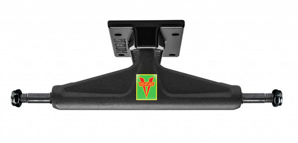 A VENTURE black and green skateboard truck on a white background.