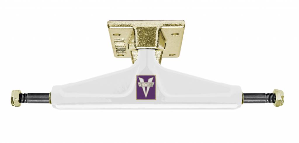 A white and purple VENTURE skateboard truck on a white background.