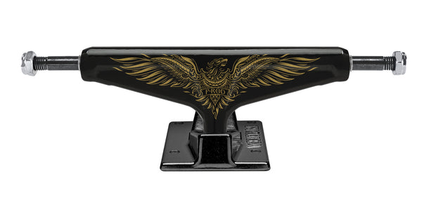 A black and gold VENTURE skateboard truck with an eagle design from VENTURE HOLLOW.