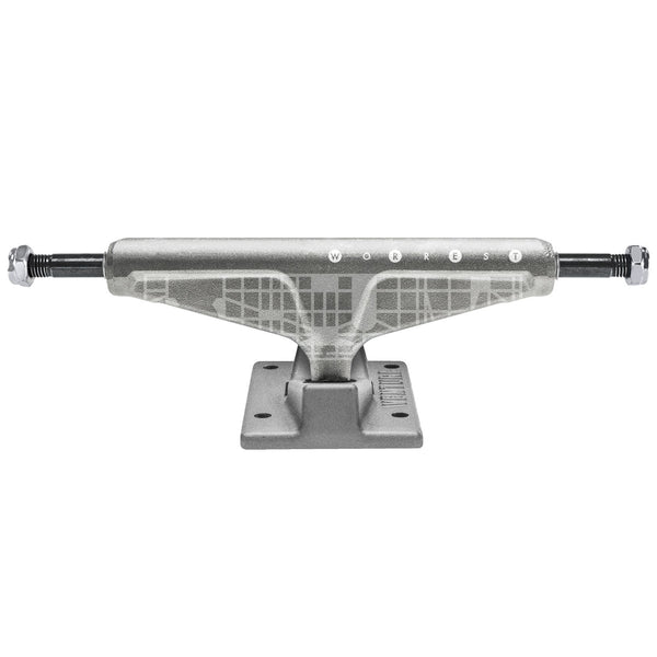 A silver skateboard truck, featuring the VENTURE PRO WORREST PLAZA RAW 5.2 (SET OF TWO) brand, on a white background.