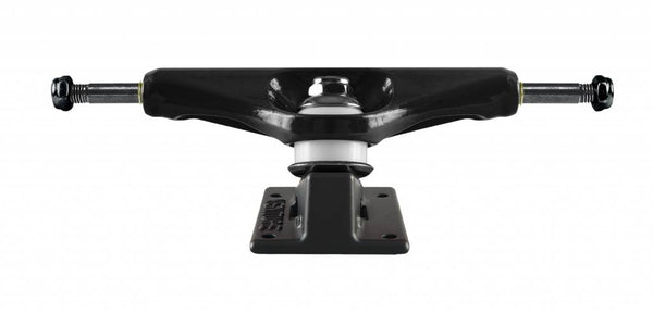A VENTURE skateboard truck on a white background featuring a polished black hanger.
