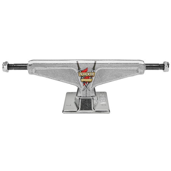 A silver VENTURE PRO YUTO V-HOLLOW 5.6 HI skateboard truck on a white background.