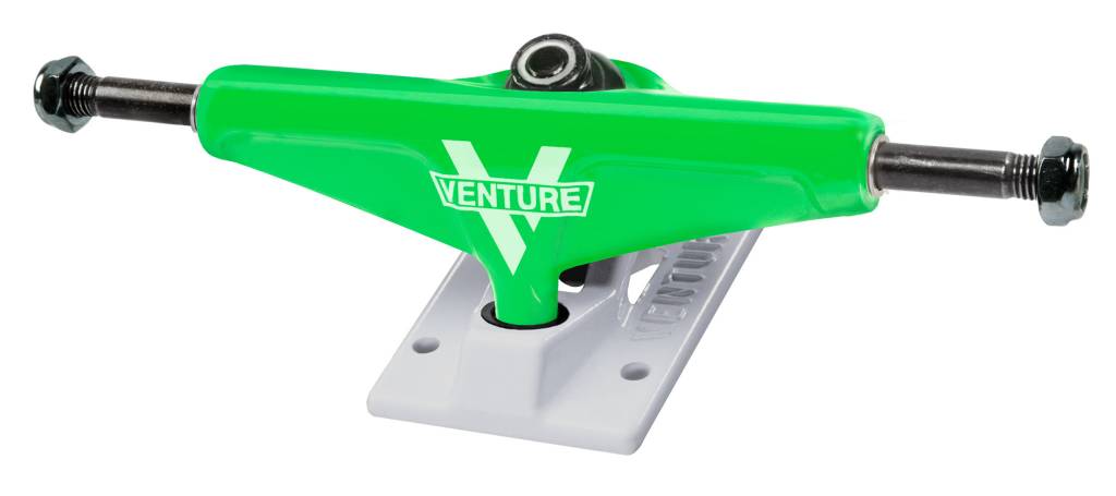 A green and white VENTURE skateboard truck on a white background.