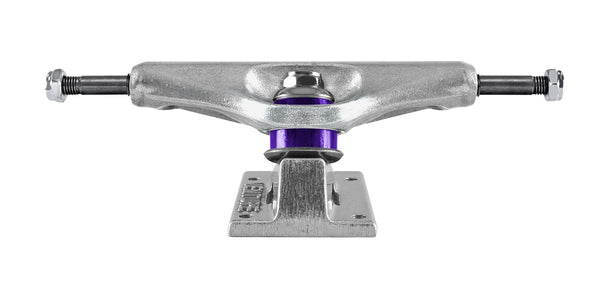 A polished silver Venture skateboard truck with a purple base, set against a white background.