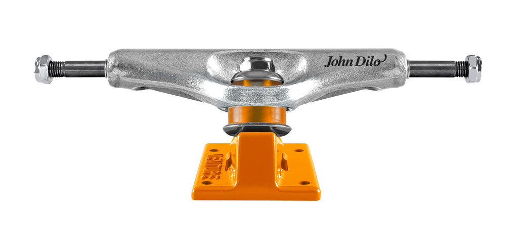 A silver and orange VENTURE 5.8 DILO PRO EDITION skateboard on a white background.