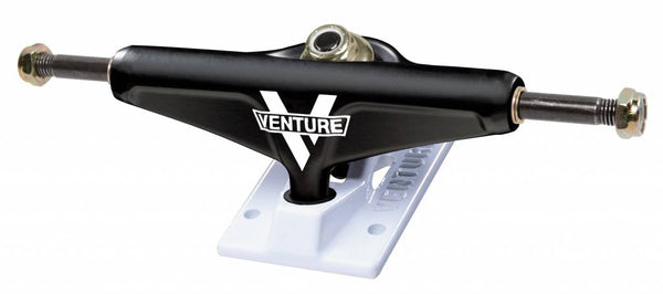 A skateboard truck with the VENTURE TRUCKS SALT & PEPPER (SET OF TWO), BLACK / WHITE brand on it.