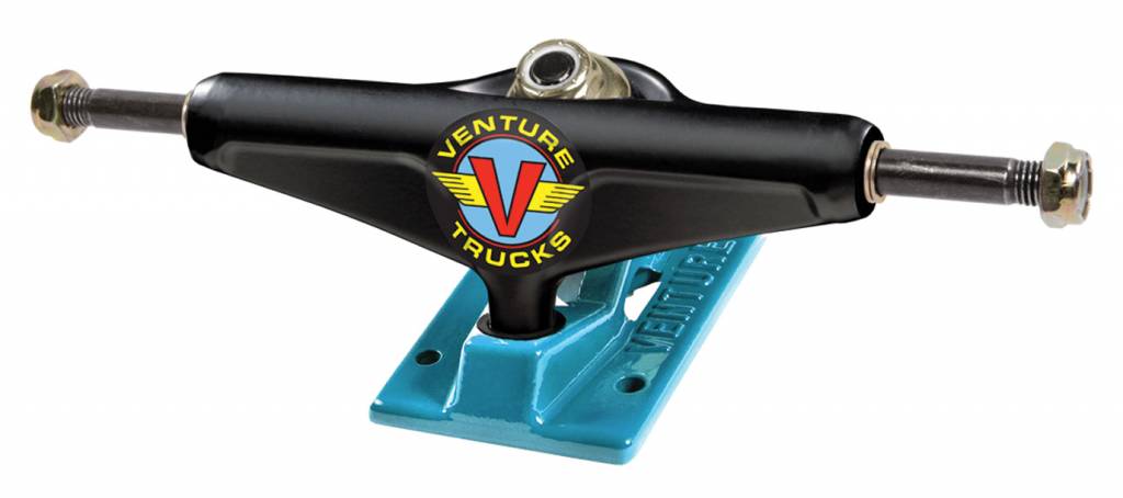 A VENTURE skateboard truck with a blue logo on it.