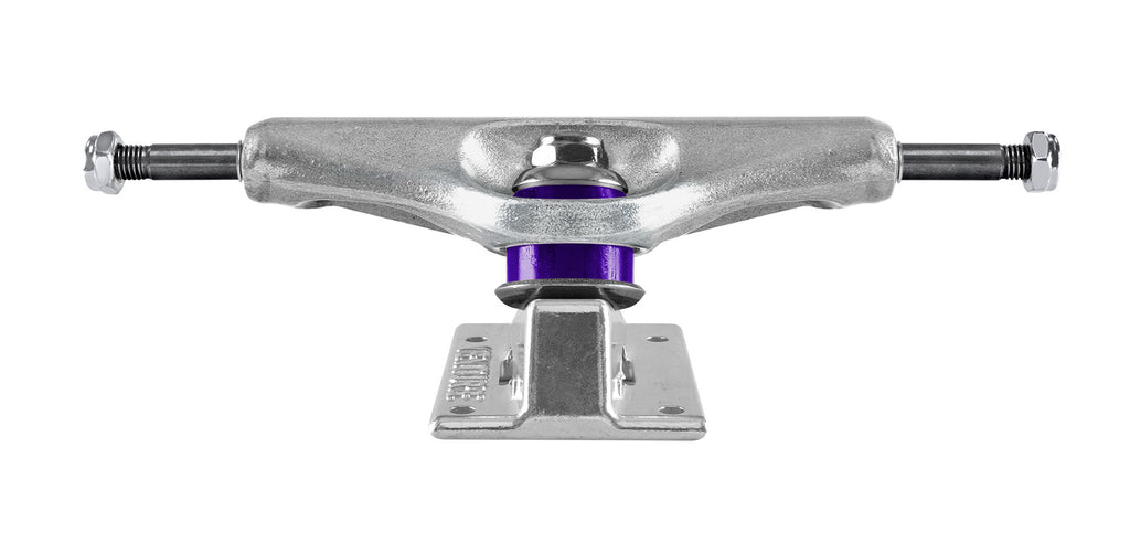 The back of a silver truck with purple bushings.
