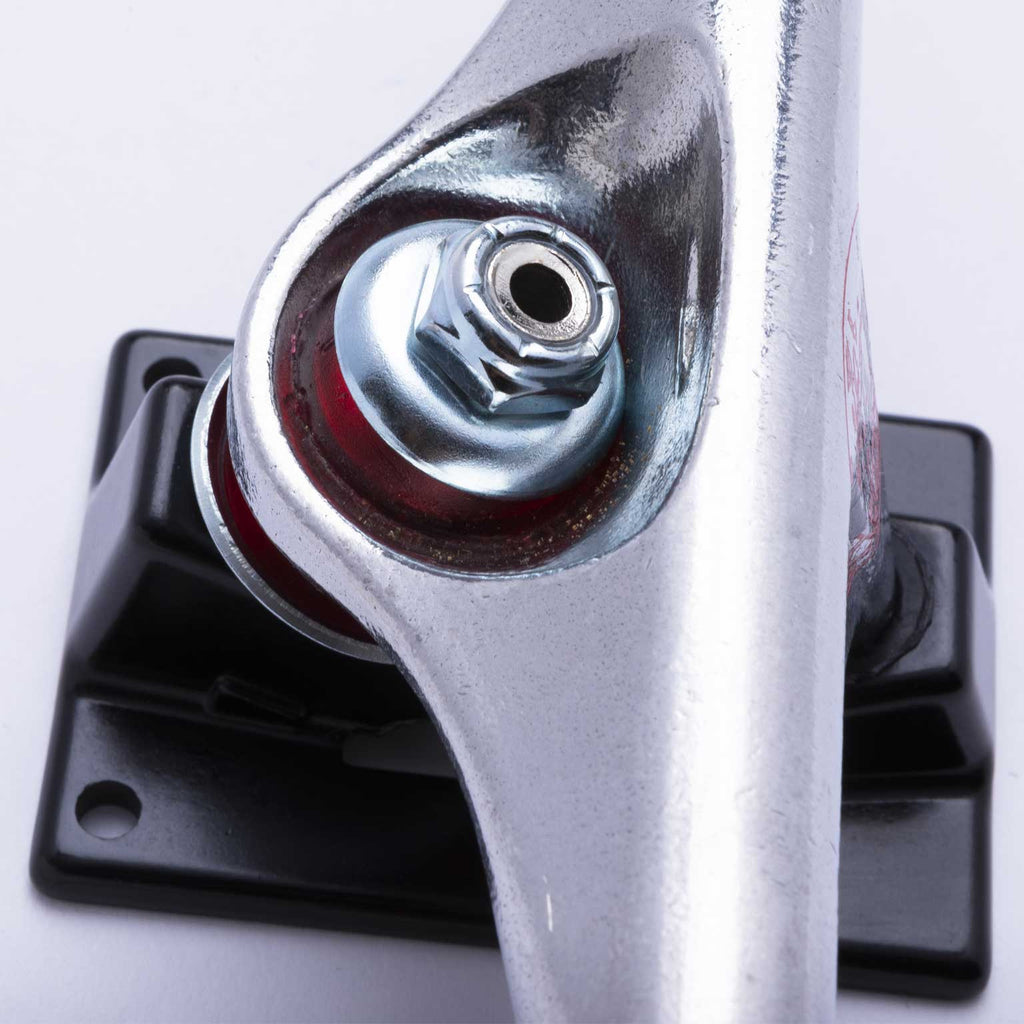 A VENTURE metal bracket with a polished VENTURE bolt attached to it.