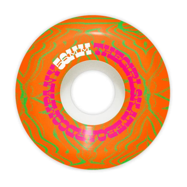 A GIRL skateboard with the GIRL VIBRATIONS CONICAL 56MM 99A design on it.