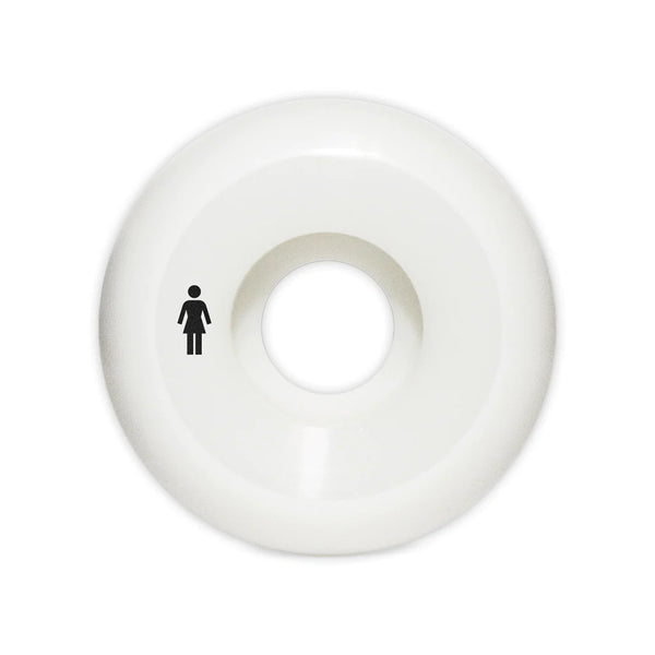 A white GIRL wheel with a black sticker on it.