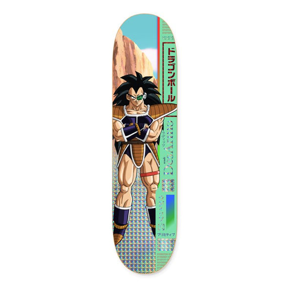 The PRIMITIVE X DRAGONBALL Z WADE DESARMO RADDITZ skateboard deck features Raditz with Japanese text and a desert cliff background. Available in various sizes from PRIMITIVE.