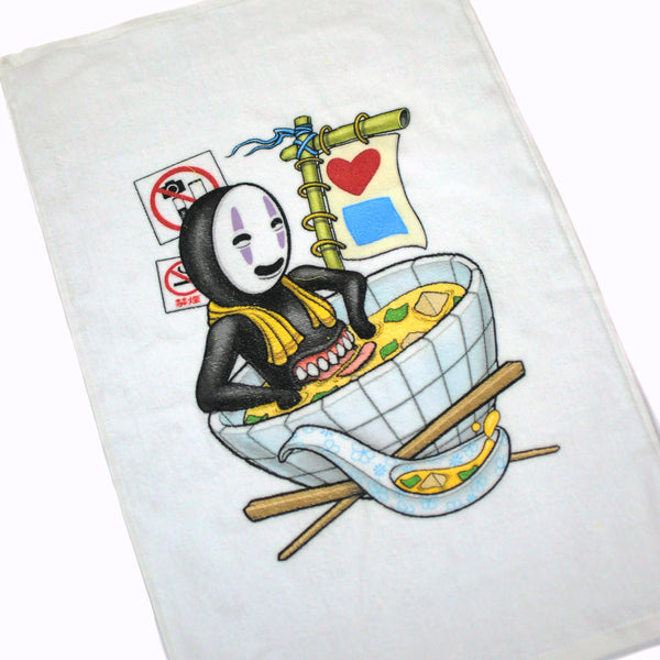 A BLUETILE MISO BATH HAND TOWEL WHITE with an image of a ninja holding a bowl of noodles by Bluetile Skateboards.