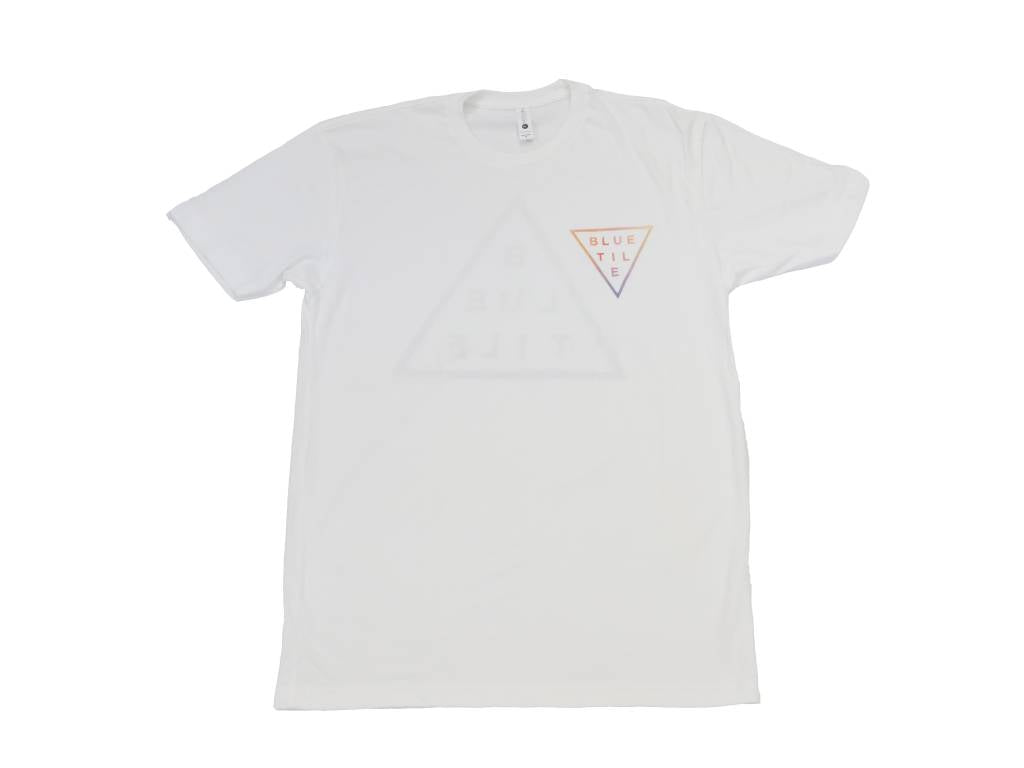 A BLUETILE TRI-DYE T-SHIRT WHITE with a triangle on it by Bluetile Skateboards.