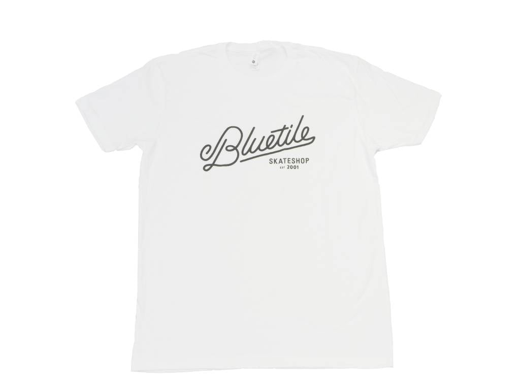 A BLUETILE SCRIPT T-SHIRT WHITE / BLACK with a Bluetile Skateboards logo on it.