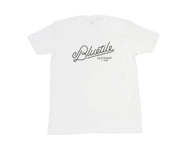 A BLUETILE SCRIPT T-SHIRT WHITE / BLACK with a Bluetile Skateboards logo on it.
