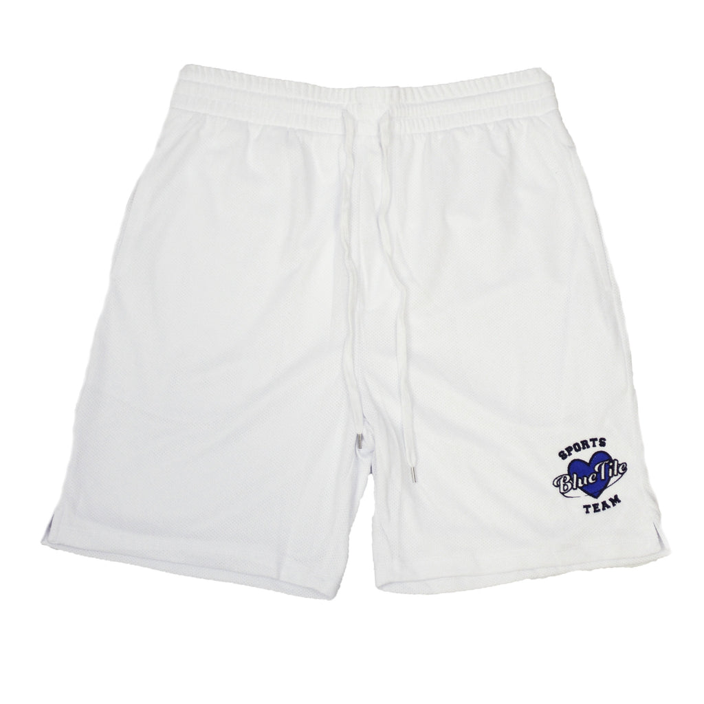 A BLUETILE SPORTS basketball short with a blue logo on it.