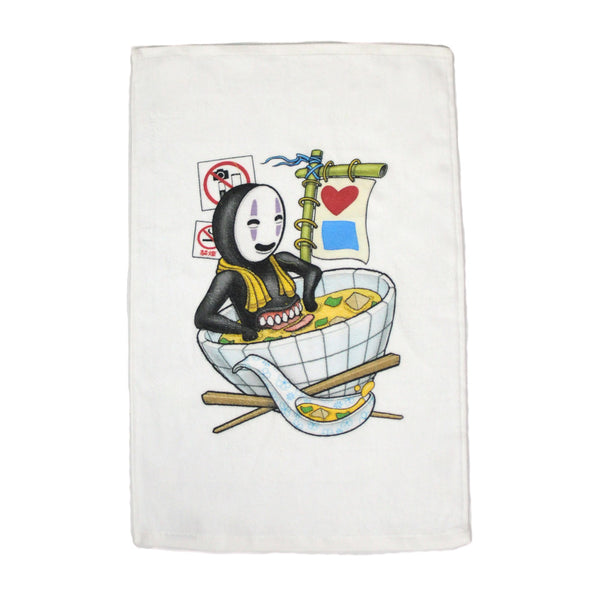 A white BLUETILE MISO BATH HAND TOWEL with an image of a yakisoba character in a bowl, by Bluetile Skateboards.
