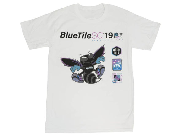 A white BLUETILE BLACK HORNET T-SHIRT WHITE that says Bluetile Skateboards sc19.