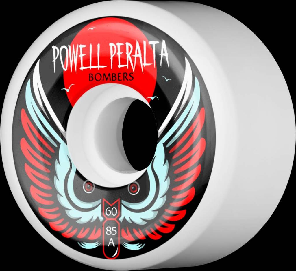 A POWELL PERALTA skateboard wheel with wings on it.