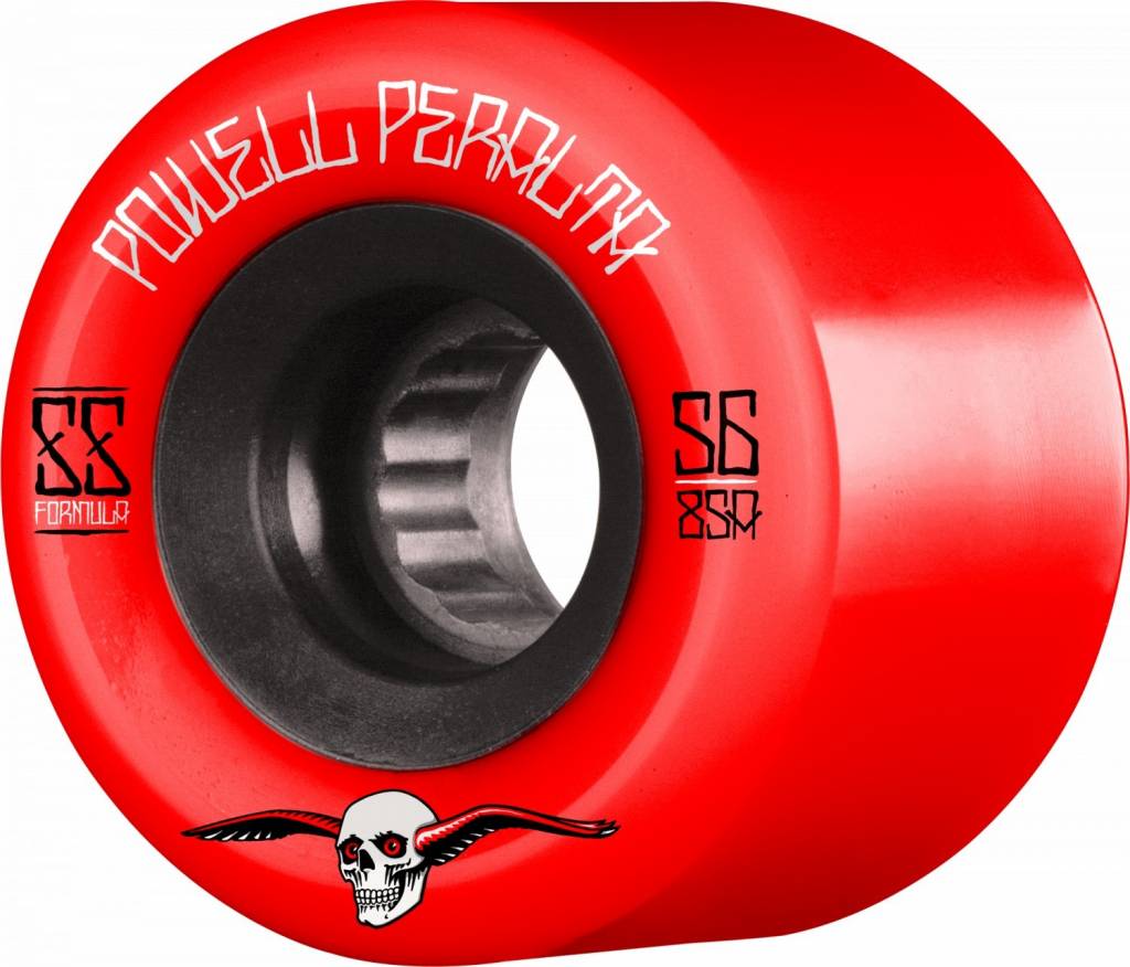 POWELL PERALTA G-SLIDES 59MM 85A RED, a red skateboard wheel with Soft Slide Formula (SSF) and a skull on it.
